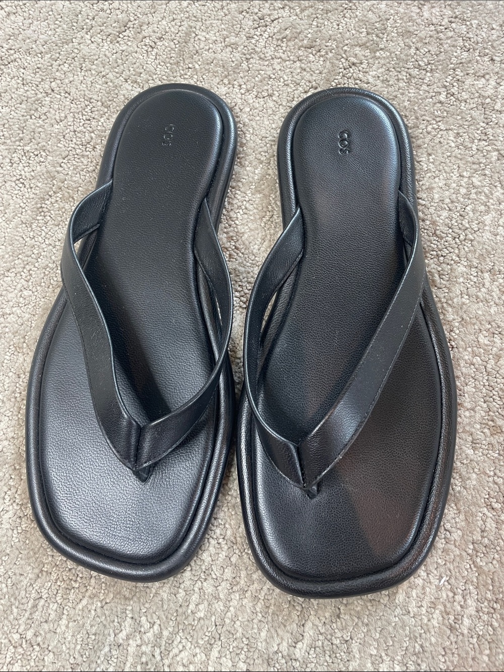 COS Black Square-Toe Leather Flip Flop Sandals